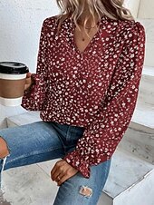 billige Kvinne Grafiske Topper-Dame Skjorte Bluse Blomstret Stilfull Fritid Langermet V-hals Vanlige topper Daglig Trykt mønster Vin Grønn Beige Sommer Vår