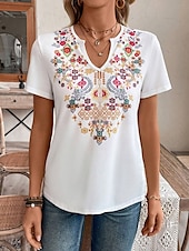 levne Boho tričko-Dámské Tričko Květinový Na běžné nošení Krátký rukáv Do V Běžné topy Denní Tisk Bílá Léto