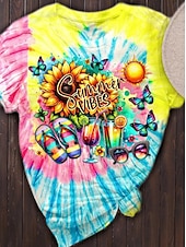 abordables T-shirt Tie and Dye et dégradé-Femme T shirt Tie Dye Lettre Décontractées Manche Courte Col Rond Hauts réguliers du quotidien Imprimer Rose Claire Rouge Bleu Violet Arc-en-ciel Eté