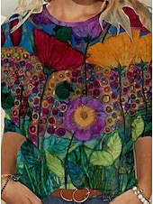 cheap Floral tee-Women&#039;s T Shirt Floral Graphic Casual Long Sleeve Crew Neck Regular Tops Daily Print Light Brown Spring Fall