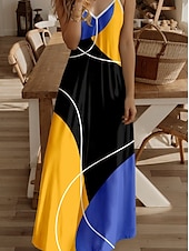 ieftine Rochii cu dungi și geometrice-Pentru femei Rochie Maxi Rochie casual Rochie de Vară Rochie A line Rochie de vară Casual Fluid Vacanță Casual Zilnic Fit regulat Grafic Geometric Bloc Culoare Fără manșon În V Galben Vară Primăvară