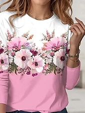 billige Blomster t-skjorte-Dame T skjorte Blomstret Elegant Årgang Mote Langermet Crew-hals Vanlige topper Daglig Ut på byen Helg Trykt mønster Rosa Sommer Vår