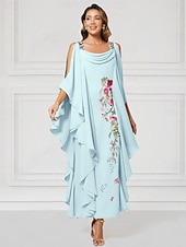 abordables Longueur du plancher-Robe colonne florale bleue mère de la mariée élégante taille plus col bijou longueur au sol chiffon manches demi-saison avec perles volants en cascade