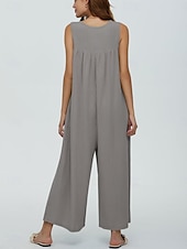 preiswerte lässige Overalls-Damen Normal Jumpsuit Aktiv Feste Farbe Ärmellos U-Ausschnitt Knopf Tasche Urlaub Täglich Regular Fit Schwarz Marineblau Blau Sommer