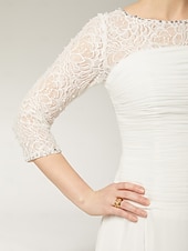baratos Comprimento do chão-Vestido A-Line Para Mãe da Noiva Convidada Elegante Gola Redonda Comprimento do Tornozelo Chiffon Renda Mangas 3/4 com Franzido de Lantejoulas 2025