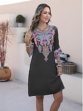cheap Casual Dress-Valentine&#039;s Day Women&#039;s Normal Mini Dress Boho Chic Dresses A Line Dress Bohemia Stylish Classic Elbow Sleeve Vacation Party Casual Form Fit Floral Plain 3/4 Length Sleeve Crew Neck Black White Summer