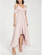 cheap Bridesmaid Dresses-A-Line Bridesmaid Dress V Neck / Spaghetti Strap Short Sleeve Elegant Asymmetrical Chiffon with Split Front / Ruching
