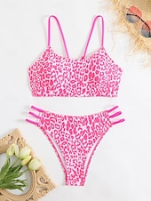 abordables Ensemble de bikinis-Maillots de bain pour femmes Bikini 2 pièces Maillot de bain échancré Sans dos Slim Vêtements de plage de vacances Léopard Col scoop sans manches