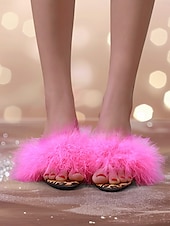 お買い得  ドレスサンダル-赤いふわふわの羽根が付いた女性用のヒョウ柄ヒールミュール - セクシーで遊び心のあるオープントゥのスリッポン