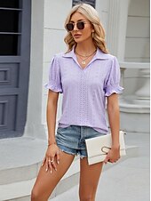 cheap Lace Tops-Women&#039;s Boho T-shirt Plain Bohemia Cute Stylish Short Sleeve Puff Sleeve V Neck Shirt Collar Regular Tops Daily Going out Weekend Ruffle Eyelet Sage Green Black White Pink Wine Summer