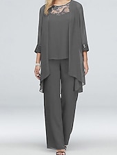 Strój weselny dla matki panny młodej elegancki casualowy dekolt w sztyfcie długość do podłogi poliester długi rękaw z koronką tanie Garnitury dla mamy-Strój weselny dla matki panny młodej elegancki casualowy dekolt w sztyfcie długość do podłogi poliester długi rękaw z koronką