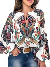 billige Kvinnenes ferietopper-Dame Skjorte Bluse Blomstret Bohem Retro / vintage Fritid Langermet Crew-hals Vanlige topper Daglig Trykt mønster Hvit Rosa Sommer Vår