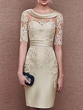 abordables Longueur du thé-Robe de mère de la mariée elle a une coupe ajustée invitée de mariage élégante vintage col bijou longueur genoux satin dentelle manches courtes avec appliqués robe de jour de course taille sur mesure