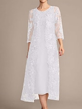 baratos Com jaqueta-Conjunto de Vestido de Mãe da Noiva Elegante Vintage Simples Gola Redonda Comprimento Chá Chiffon Manga 3/4 Com Bordas em Cascata com Aplique de Renda Floral com Lantejoulas 2025