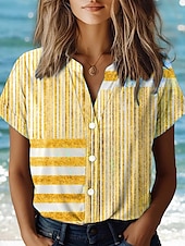 abordables Tops à Rayures et Géométriques pour Femmes-Blouse pour femmes à fleurs élégante vintage quotidienne à manches courtes col régulier tops quotidien similicuir jaune rose bleu poussiéreux violet vert été