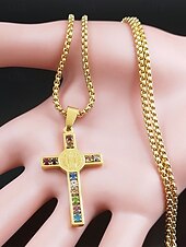 baratos Jóias Masculinas-colar masculino de cruz banhado a ouro em aço inoxidável com pedras preciosas multicoloridas – pingente religioso, corrente estilosa para uso diário, presentes para ocasiões religiosas