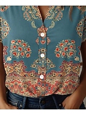 cheap Women&#039;s Boho Tops-Women&#039;s Shirt Floral Elegant Vintage Tropical Short Sleeve Shirt Collar Regular Tops Daily Buttons Print Dusty Blue Summer