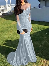 preiswerte SCHWARZ-Meerjungfrau Schwarzes Kleid Abendkleid Paillette Prom Kleid Funkelnd Formal Kleid Sweep  Brush Train Langarm Illusion Hals Spitze mit Applikationen Kleid für 2025 beeindrucken