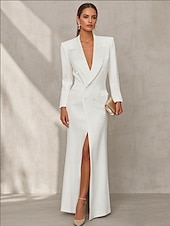 cheap Floor Length-Blazer Dress Mermaid / Trumpet Evening Gown Elegant Dress Pinstripe Tuxedo Dress Zipper Up Wedding Guest Formal Floor Length Long Sleeve Peak lapel collar Satin with Pocket 2025