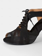 economico Scarpe per balli latini-scarpe da ballo nude con lacci e ritagli in rete – punta aperta, tacco medio per donna – perfette per lezioni di danza e spettacoli
