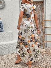 tanie Sukienki kwiatowe-Damskie Sukienka maxi Codzienne sukienki Sukienka A line Letnie sukienki Urlop Zabytkowe Etniczne Codzienny Regularny Kwiaty Graficzny Krótki rękaw Kwadratowy dekolt Khaki Lato Wiosna