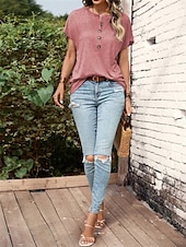 ieftine tricou simplu-Pentru femei Tricou Simplu Modă Modern Casual Manșon scurt În V Topuri obișnuite Zilnic Sfârșit de săptămână Peteci Nasturi Roz Îmbujorat Albastru piscină Maro Trifoi Vară Primăvară