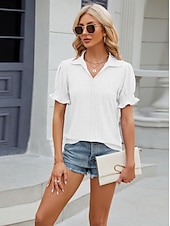 cheap Lace Tops-Women&#039;s Boho T-shirt Plain Bohemia Cute Stylish Short Sleeve Puff Sleeve V Neck Shirt Collar Regular Tops Daily Going out Weekend Ruffle Eyelet Sage Green Black White Pink Wine Summer