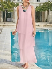 economico Lunghezza del pavimento-Matrimonio in Spiaggia Abito Madre della Sposa Linea A Ospite di Matrimonio Elegante Semplice Collo a V Lunghezza Caviglia Chiffon Senza Maniche con Strati Colore Solido 2025 misura personalizzata