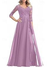 cheap Floor Length-A-Line Mother of the Bride Dress Wedding Guest Elegant V Neck Floor Length Chiffon 3/4 Length Sleeve with Beading Appliques