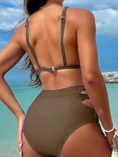 billiga Bikiniset-Dam Badkläder Bikini 2 st Kalsonger Baddräkt Öppen rygg Smal Semester Standkläder Ensfärgat Halterneck Ärmlös Baddräkter