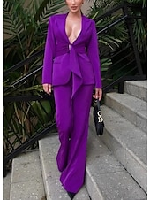 baratos Terninhos de calça da mamãe-Conjuntos de Calça em Dois Peças Mãe da Noiva Elegante Minimalista Gola de Camisa Comprimento Total Tecido Stretch Manga Longa com Ruffles Cor Sólida 2025