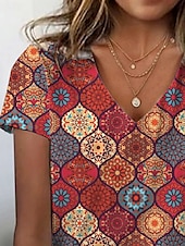 billige Boho t-skjorte-Dame T skjorte Geometrisk Årgang Stilfull Fritid Kortermet V-hals Vanlige topper Daglig Knapper Trykt mønster Rød Sommer Vår
