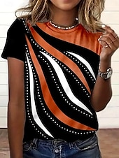 billiga Konst &amp; Design t-shirt-Dam T-shirt Grafisk Geometrisk Randig Elegant Vintage Mode Kortärmad Rund hals Vanliga toppar Dagligen Utekväll Helgen Mönster Orange Sommar