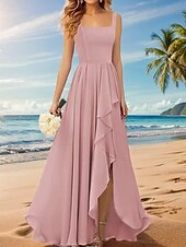 baratos Vestidos para Madrinhas-Linha A Vestido de Madrinha Correias / Decote Quadrado Sem Manga Elegante Longo Chiffon / Elastano com Pregas / Fru-Fru / Pregueado 2022