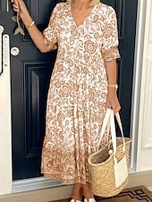 olcso Bohém ruhák-Női Midi ruha hétköznapi ruha Boho elegáns ruhák Boho ruha Csehország Stílusos Alkalmi Vakáció Hétköznapi Napi Laza öltözet Grafika Féhosszú V-alakú Arcpír rózsaszín Medence Égszínkék Sárgabarack