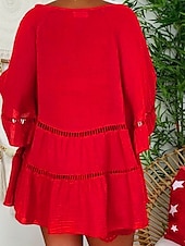 ieftine rochii imprimate din bumbac si in-Pentru femei Rochie Mini Rochii de in bumbac Rochie casual Elegant Epocă Stilat Mânecă evazată Vacanță Casual Zilnic Potrivire Largă Simplu Lungime Manșon 3/4 În V Alb Galben Roșu-aprins Maro Var