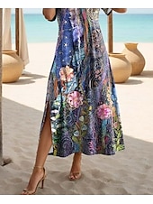 voordelige Bloemenjurk-Dames Maxi Jurk Zwarte Jurk Lange Mouw Boho Jurk Elegant Vintage Vlinder Mouw Vakantie Strand Regular Fit Bloem Motief Korte Mouw Crew Hals Teal Lente Fall