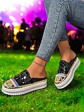 levne Pohodlné sandály-dámské zlaté flitrové tenisky na platformě mules – třpytivé slip-on boty s vyšívanými detaily pro festivaly, párty a street fashion