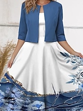 billige Blomsterkjole-Kvinne Midi Kjole Casual Kjole Chiffon Kjole Sving Kjole Elegant Bryllup Ferie Daglig Regular Fit Blomster Halv erme V Hals Blå Sommer Vår Høst