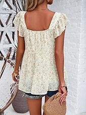 abordables Tops Graphiques pour Femmes-Femme Chemise Chemisier Floral mode Décontractées Manche Courte Col Carré Hauts réguliers du quotidien A Volants Imprimer Noir Jaune Rouge Beige Eté