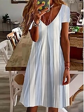 billige Stripete og geometriske kjoler-Dame Mini kjole Uformell kjole Elegant Årgang søt stil Daglig Normal Stripe Kortermet Crew-hals vannblå Sommer