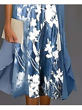 preiswerte Blumenkleid-Damen Abschlusskleid Midi Kleid Chiffon Kleid Shift Kleid Elegante Party Formal Urlaub Hochzeitsgast Lockere Passform Floral Halblange Ärmel Rundhalsausschnitt Blau Sommer Frühling Herbst
