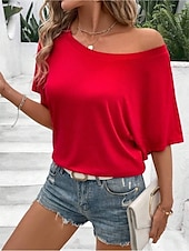 abordables T-shirt uni-T- shirt pour femmes Couleur Unie Basique Décontractée Manches 3/4 Col Ronde Hauts Quotidiens Noir Rouge Abricot Gris Été Printemps