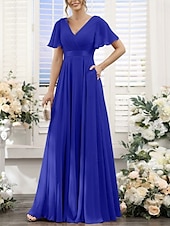 baratos Vestidos para Madrinhas-Linha A Vestido de Madrinha Decote V Manga Curta Elegante Longo Chiffon com Franzido 2022