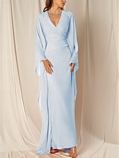 preiswerte ORANGE-Strandhochzeit Etuikleid Abendkleid Elegantes Kleid Formal Herbst Knöchellang Langarm V-Ausschnitt Chiffon mit Raffung Rüschen