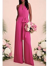 cheap Bridesmaid Dresses-Jumpsuits Bridesmaid Dress Jewel Neck Sleeveless Elegant Floor Length Stretch Fabric with Sash / Ribbon / Ruching