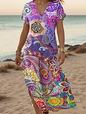 ieftine Rochii boho-Pentru femei Rochie Maxi Rochie casual Rochie A line Stilat Casual Vacanță Zilnic Fit regulat Floral Manșon scurt În V Roșu-aprins Mov Deschis Mov Portocaliu Primăvară Toamnă
