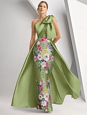 baratos AZUL-Linha A Vestidos de noite Elegante Vestido Formal Casamento Longo Sem Manga Assimétrico Cetim com Laço(s) Fenda Bordado 2025