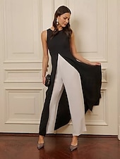 abordables Combinaisons pour maman-Combinaisons noires et blanches mère de la mariée mariage formelle élégante col bijou longueur de sol stretch chiffon sans manches avec blocs de couleurs