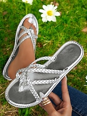 baratos Chinelos de slide-sandálias de tiras douradas para mulheres – sandálias elegantes com presilhas nos dedos, design trançado e sola plana para roupas casuais de verão
